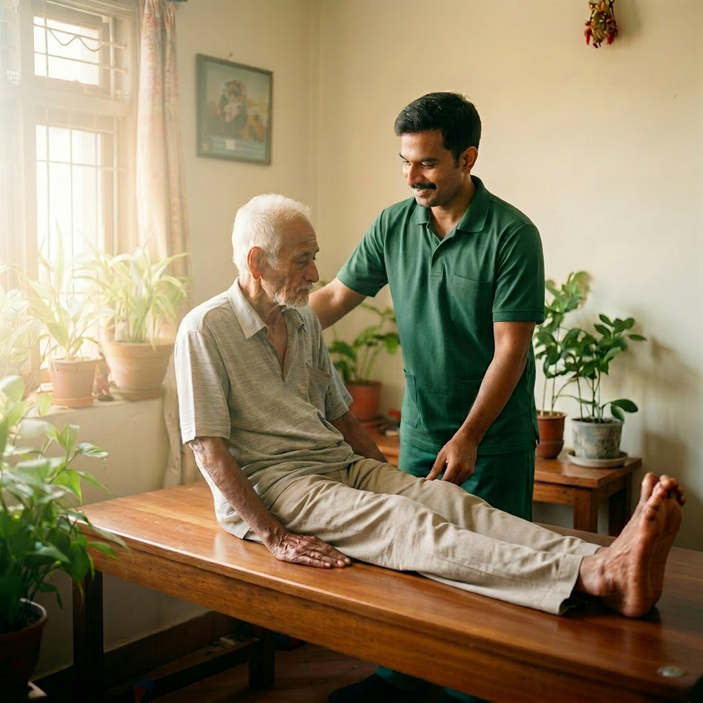 A physiotherapist working with an elderly patient