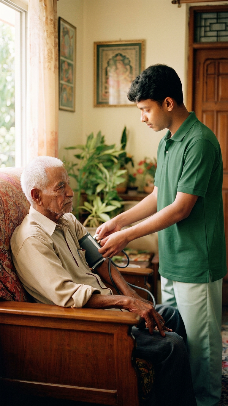 Compassionate nurse holding the hand of a smiling elderly patient